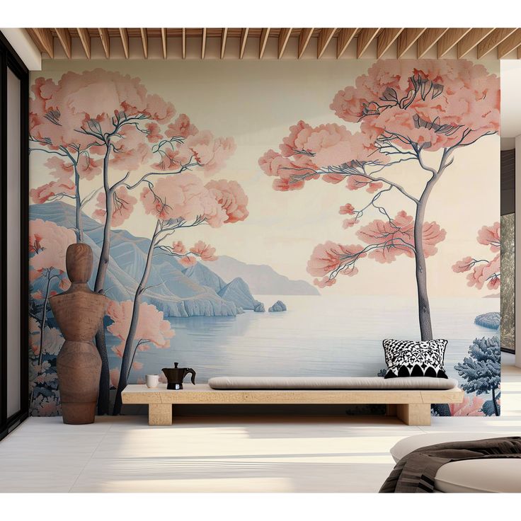 a room with a large mural on the wall and a couch in front of it