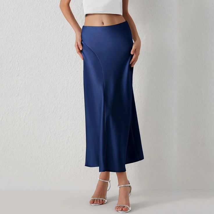 Seasonal Fave Satin Long Midi Skirt Chic Non-stretch Lined Skirt, Chic Lined Skirt, Chic Solid Color Lined Skirt, Chic Solid Color Long Skirt, Chic Solid Color Skirt, Fitted Long Skirt Solid Color, Chic Solid Color Flared Bottoms, Chic High Waist Blue Maxi Skirt, Chic High-waist Blue Maxi Skirt