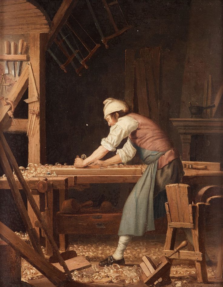 an old painting of a woman working in a wood shop with her hands on the table