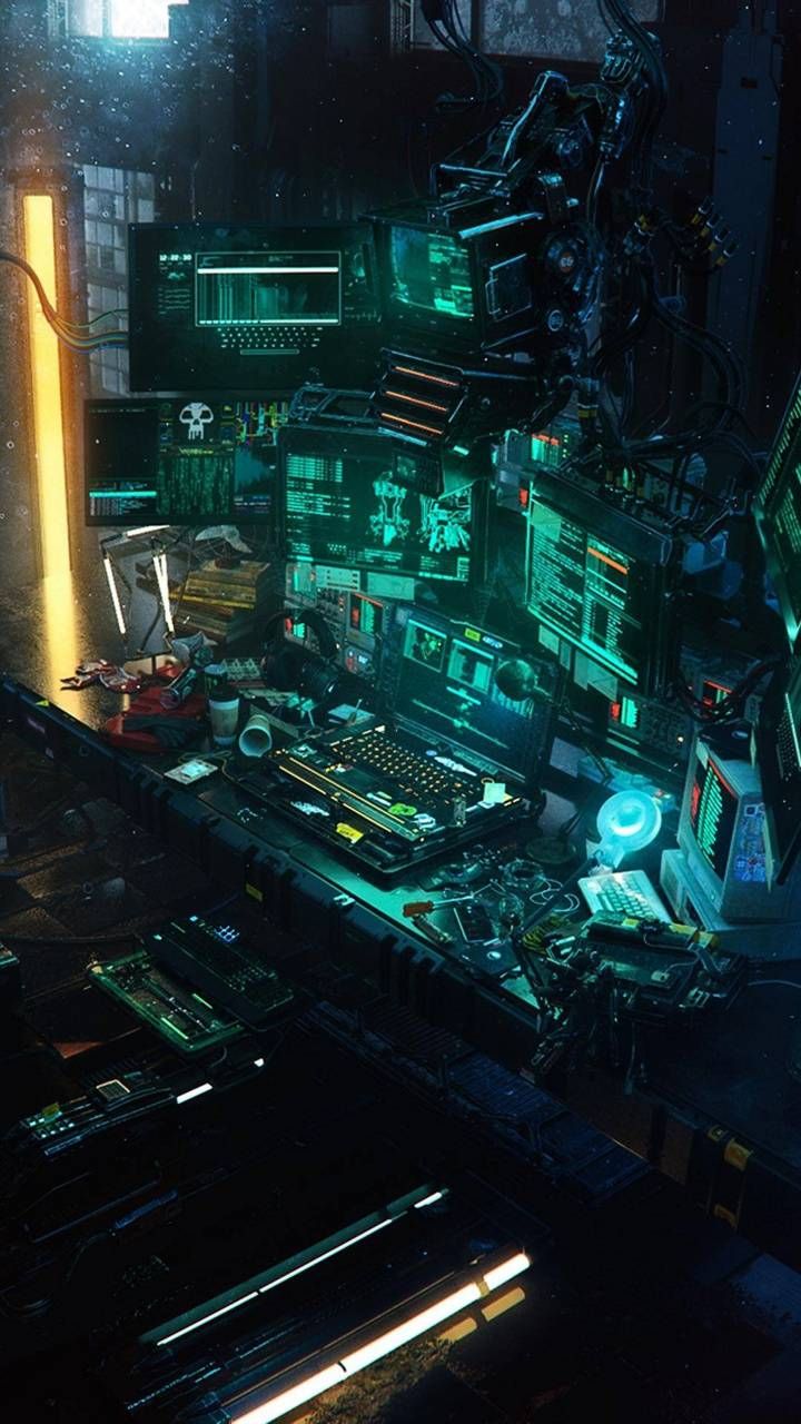 a sci - fi room with neon lights and various electronic equipment on the counter top