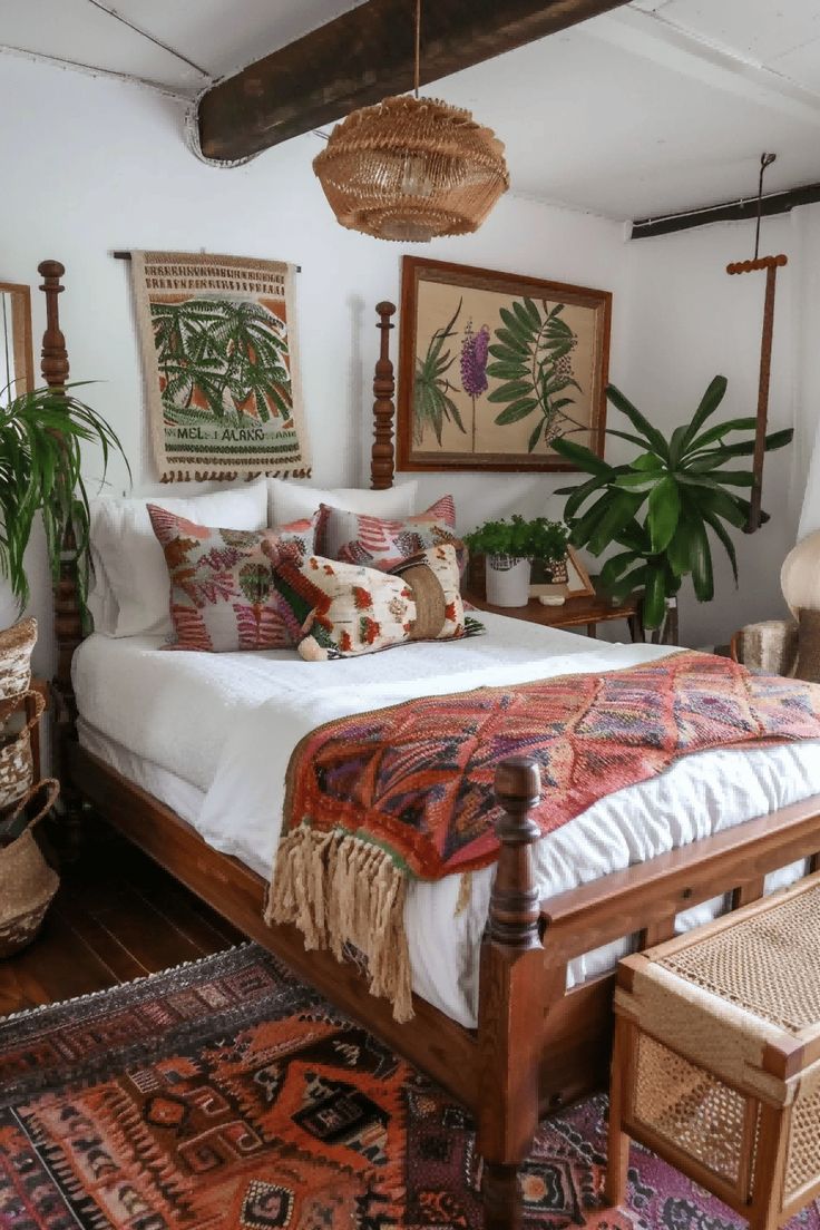 a bed sitting in a bedroom on top of a wooden floor next to a rug