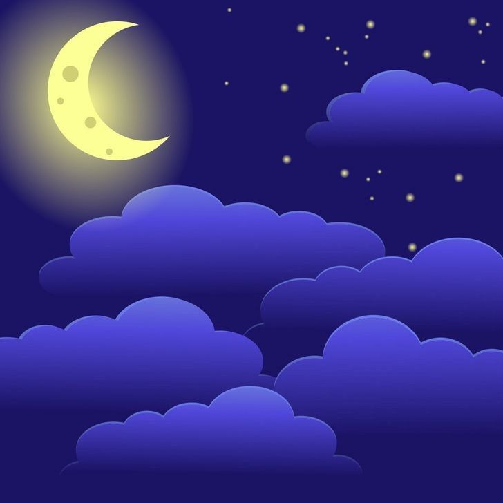 the night sky is full of stars and clouds with a half moon in the middle