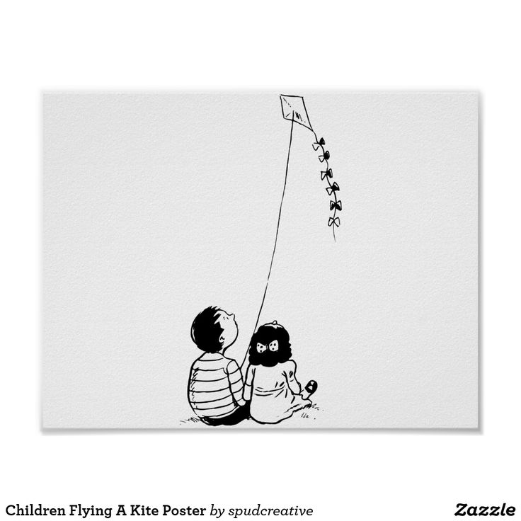 a black and white drawing of two children sitting on the ground with a kite in the sky