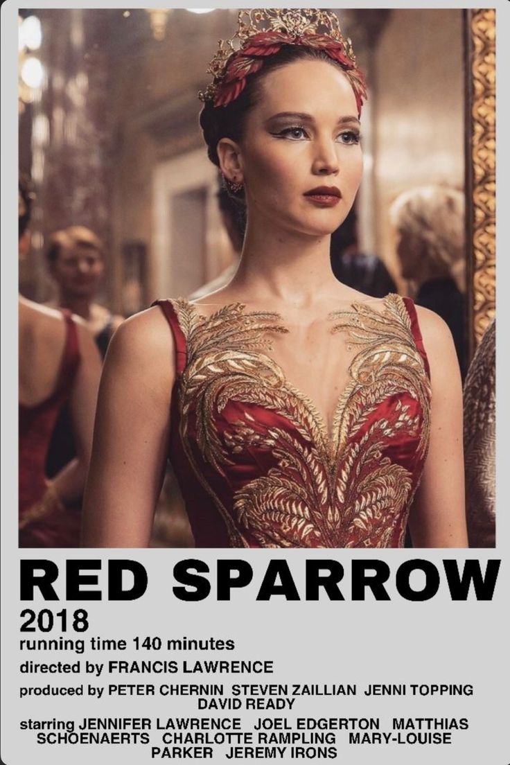 a woman in a red dress with a crown on her head and text reading red sparrow