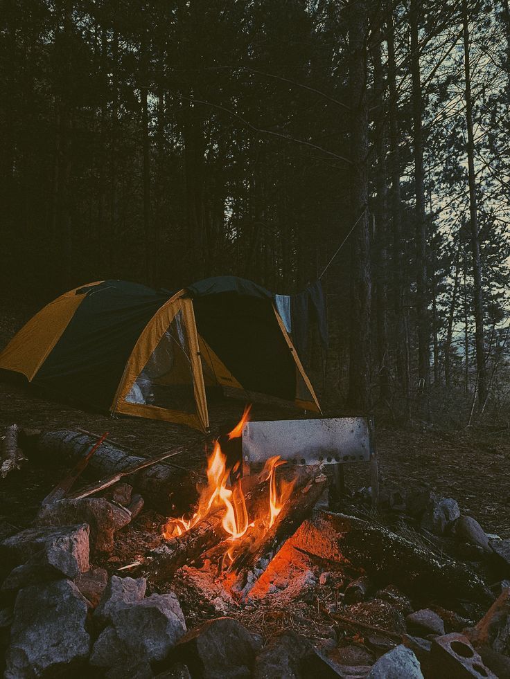 a tent is set up next to a campfire in the woods at night time