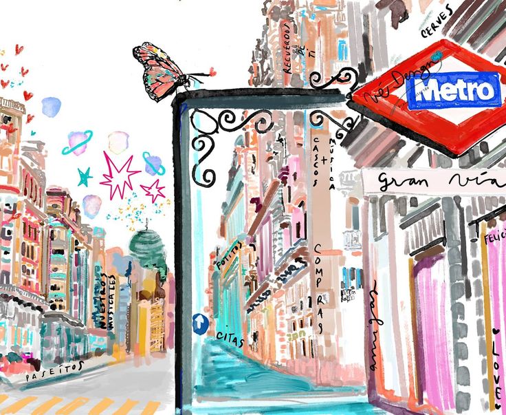 a drawing of a metro sign in the middle of a city street with buildings and birds flying overhead