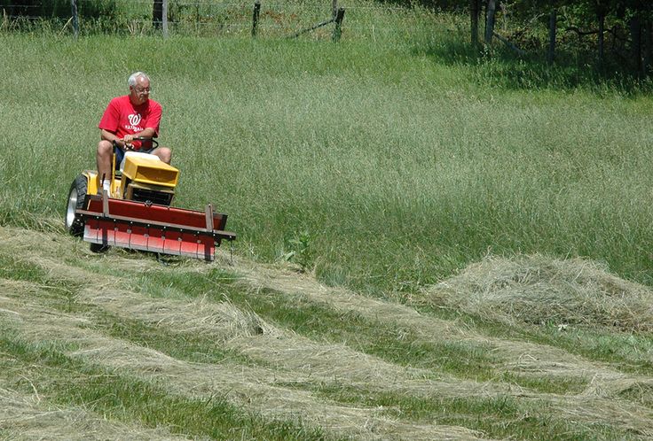 a man riding on the back of a red tractor in a green grass covered field