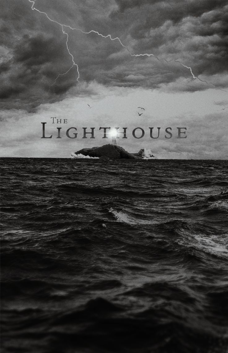 the lighthouse movie poster with storm clouds and lightning in black and white, as seen from the ocean