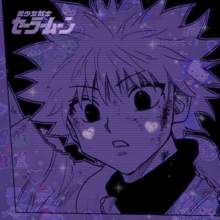 an anime character with purple hair and black eyes, in front of a blue background