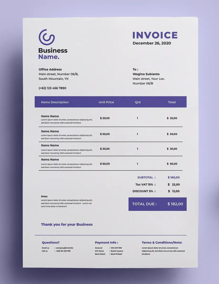 an invoice is shown on top of a purple background