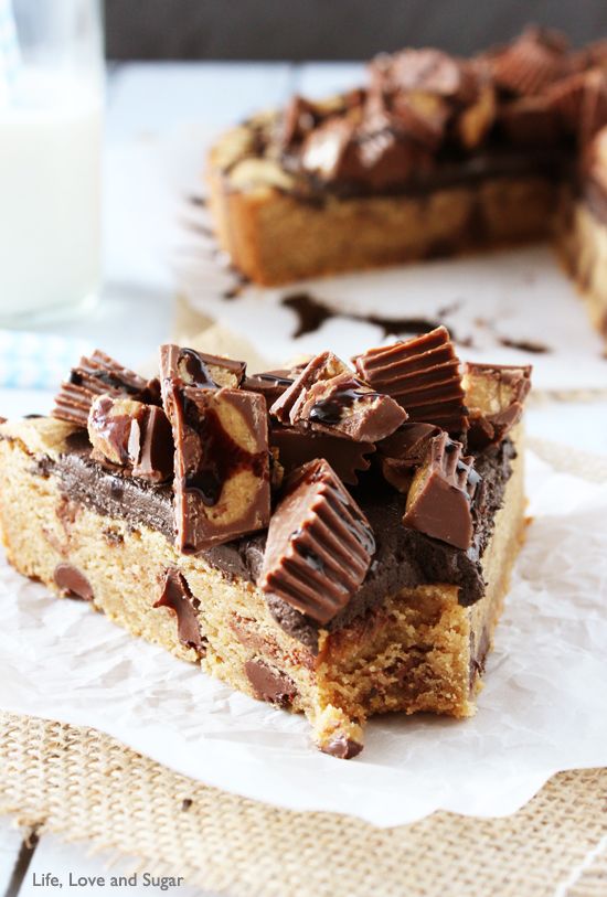 three different views of a cake with chocolate and peanut butter toppings on the top