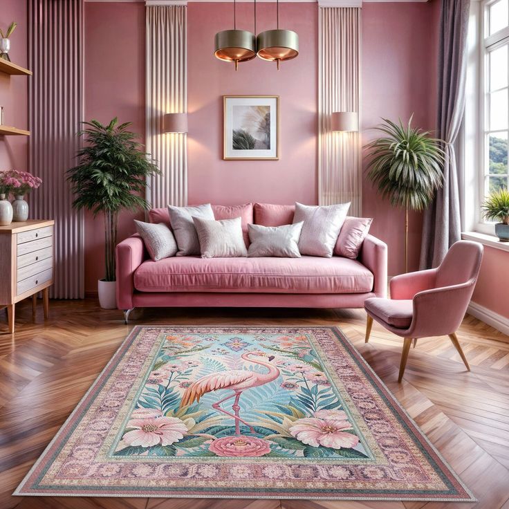 a living room with pink walls and furniture in the center, along with potted plants