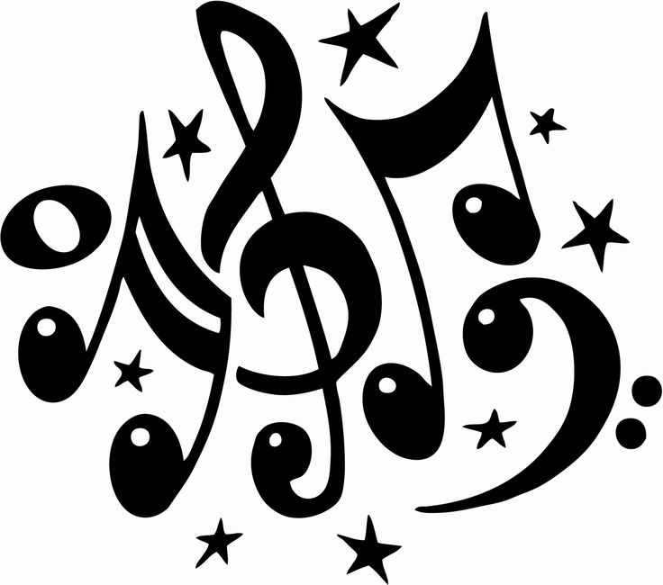 a black and white drawing of musical notes with stars around it on a white background