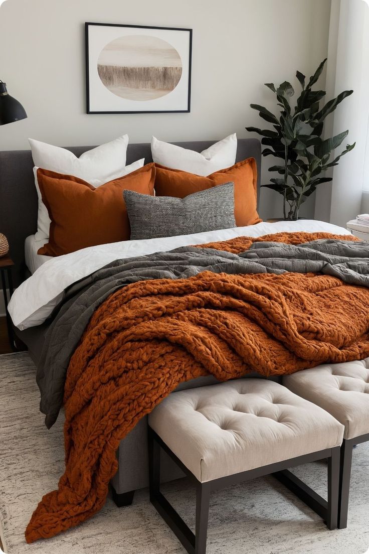 a bed with an orange blanket and pillows