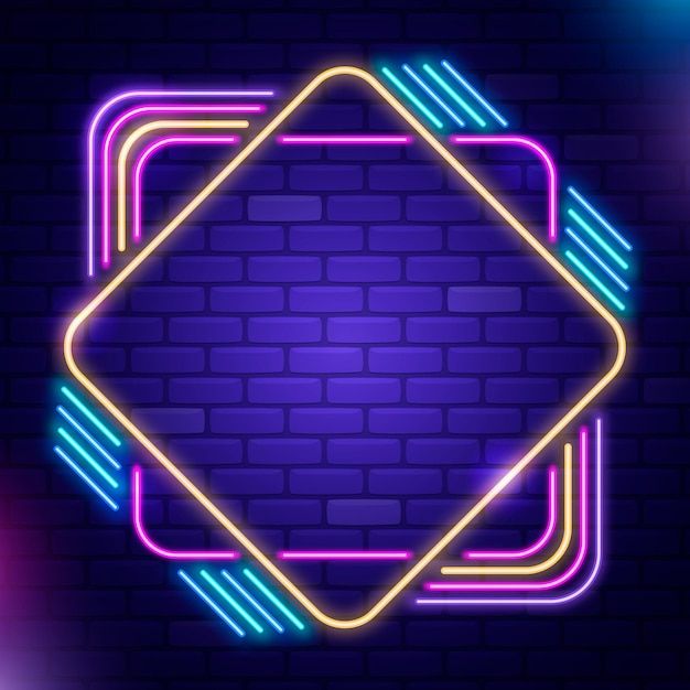 neon frame on a dark brick wall background with glowing lines and rectangles in the middle