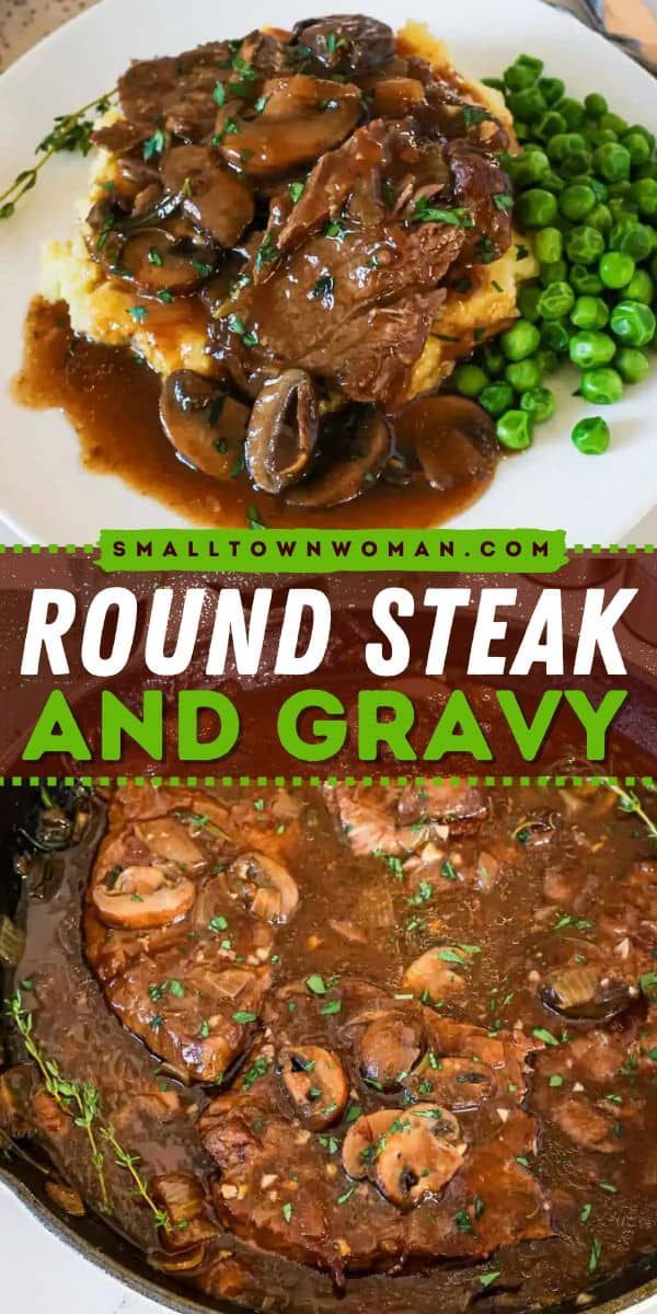 steak and gravy in a skillet with green peas on the side, served over mashed potatoes