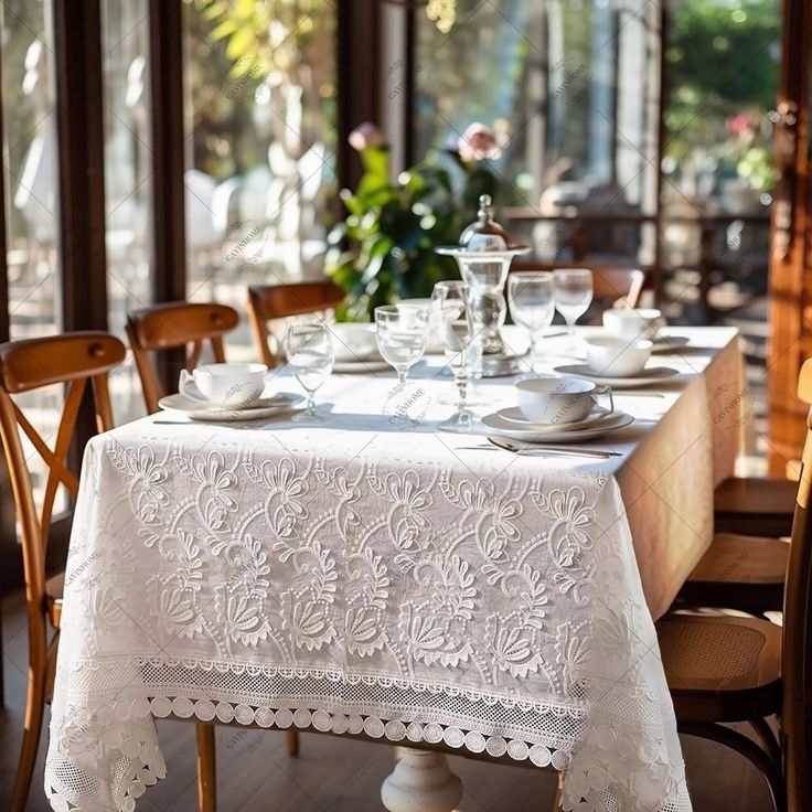 the table is set with dishes and cups