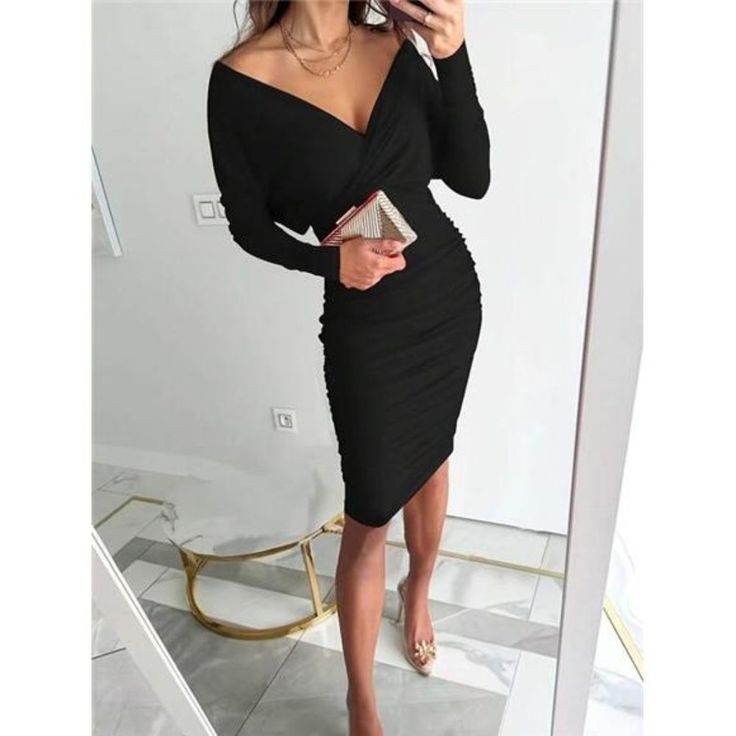 -Item Id 31451969 -Color: Black -Style: Elegant -Pattern Type: Plain -Type: Bodycon -Details: Wrap, Asymmetrical, Split -Neckline: Deep V Neck -Sleeve Length: Long Sleeve -Sleeve Type: Batwing Sleeve -Waist Line: High Waist -Hem Shaped: Asymmetrical, Pencil -Length: Midi -Fit Type: Regular Fit -Fabric: Medium Stretch -Material: Knitted Fabric -Composition: 95% Polyester, 5% Elastane -Care Instructions: Machine Wash, Do Not Dry Clean -Sheer: No **Open To Offers!!!** **Bundle To Save More** **30% Chic Black Ruched V-neck Dress, Casual Black Dress With Asymmetrical Neckline, Black Casual Dress With Asymmetrical Neckline, Casual Fitted V-neck Dress For Evening, Casual Knee-length V-neck Party Dress, Fitted Casual V-neck Dress For Evening, Casual V-neck Bodycon Dress For Party, Black Ruched V-neck Midi Dress, Casual Surplice Neckline V-neck Party Dress