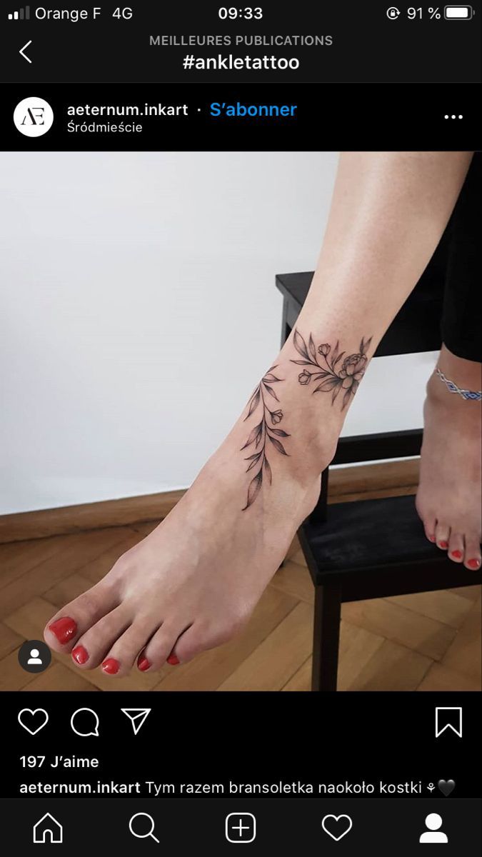 a woman's foot with a tattoo on it and an image of a plant