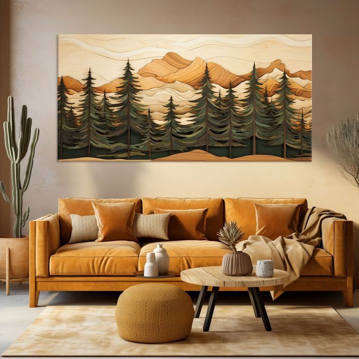 a living room filled with furniture and a painting on the wall above it's couch