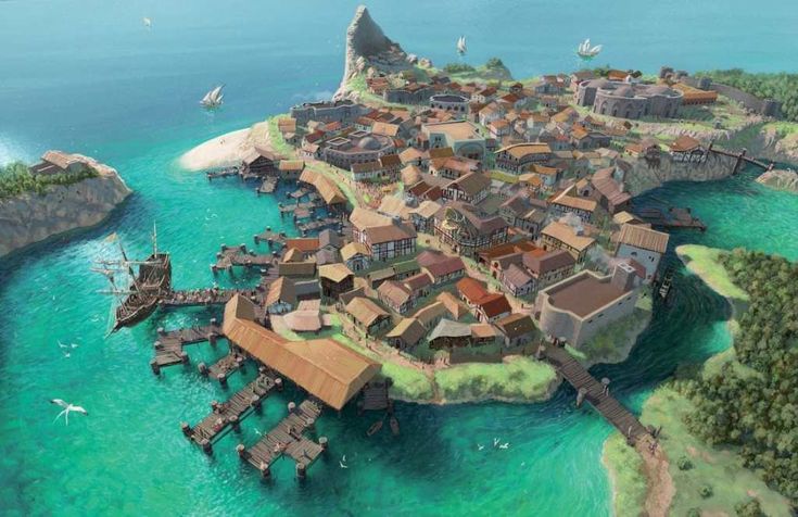 an artist's rendering of a village in the middle of a body of water