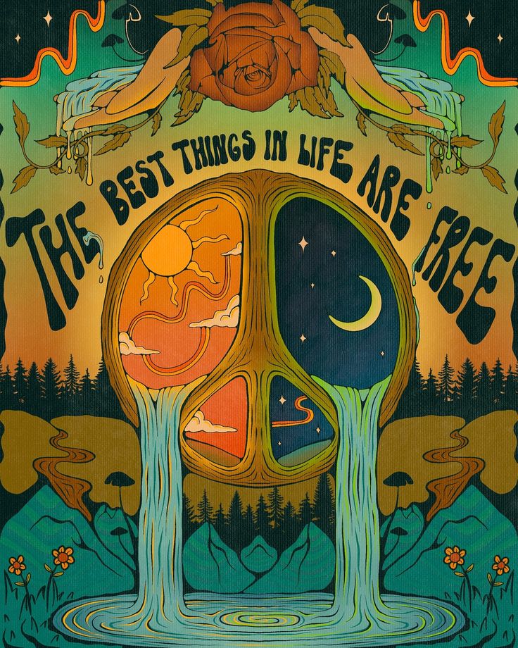 the best things in life are here poster with water flowing from it and sun rising above