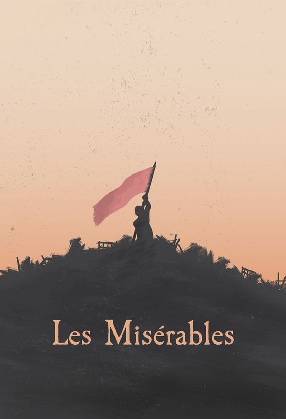 a person holding a flag on top of a hill with the words les miserables