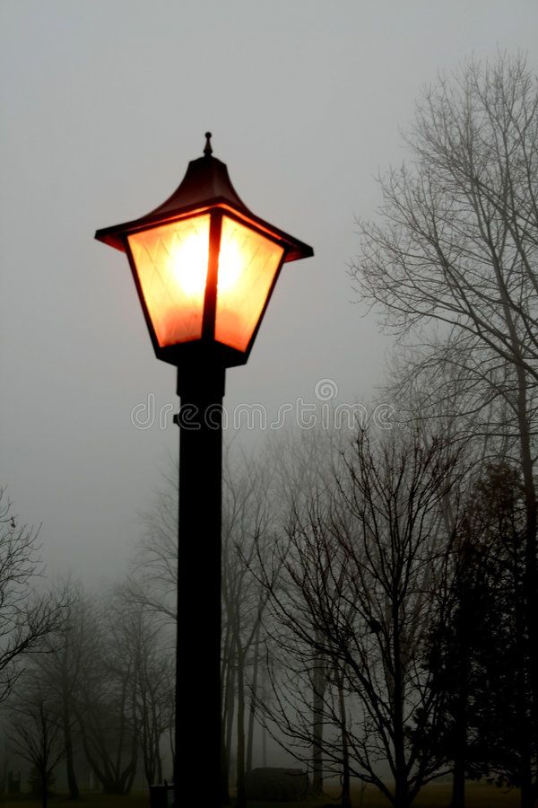 an old fashioned street light in the foggy park royalty image - free stock photo