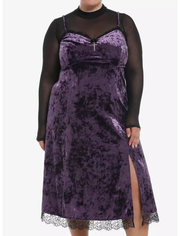 Cosmic Aura Purple Velvet Mesh Long-Sleeve Twofer Dress Plus Size Whimsigoth Plus Size, Cosmic Aura, Twofer Dress, Plus Size Hot, Plus Size Black Dresses, Oh My Goddess, Velvet Slip Dress, Panel Dress, Strappy Dresses