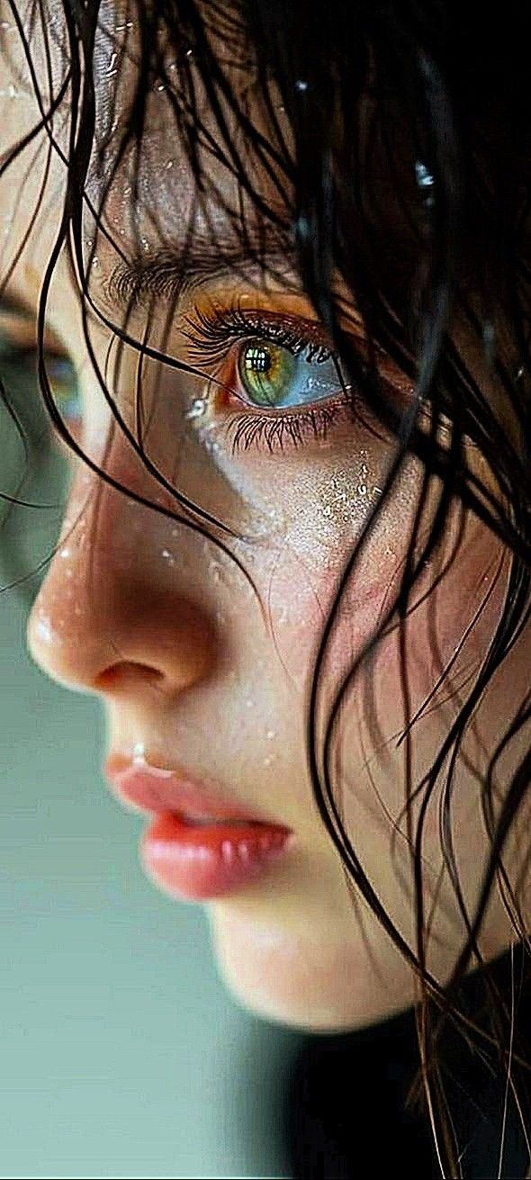 a woman with wet hair and blue eyes