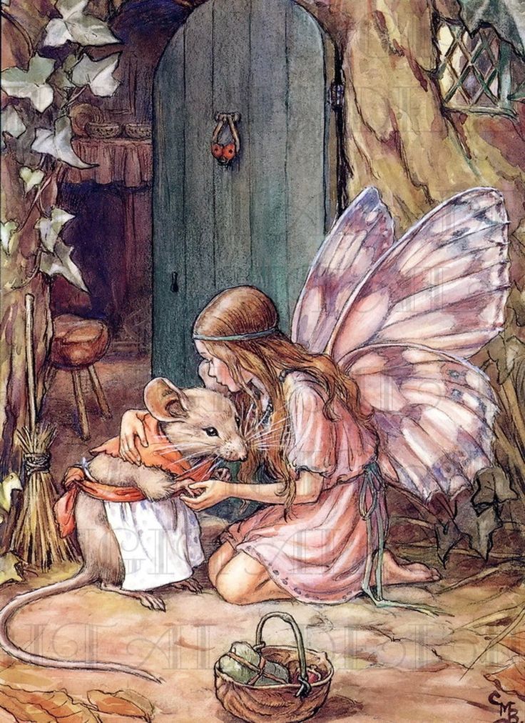 a fairy with a mouse in her lap