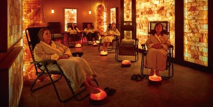 Guests can relax during individual or group salt cave sessions Float Room Spa, Himalayan Salt Room Design, Indoor Jacuzzi Room Ideas, Mini Spa Ideas, Sauna Room Ideas, Home Spa Room Ideas, Day Spa Interiors, Iv Lounge, Spa Relaxation Room