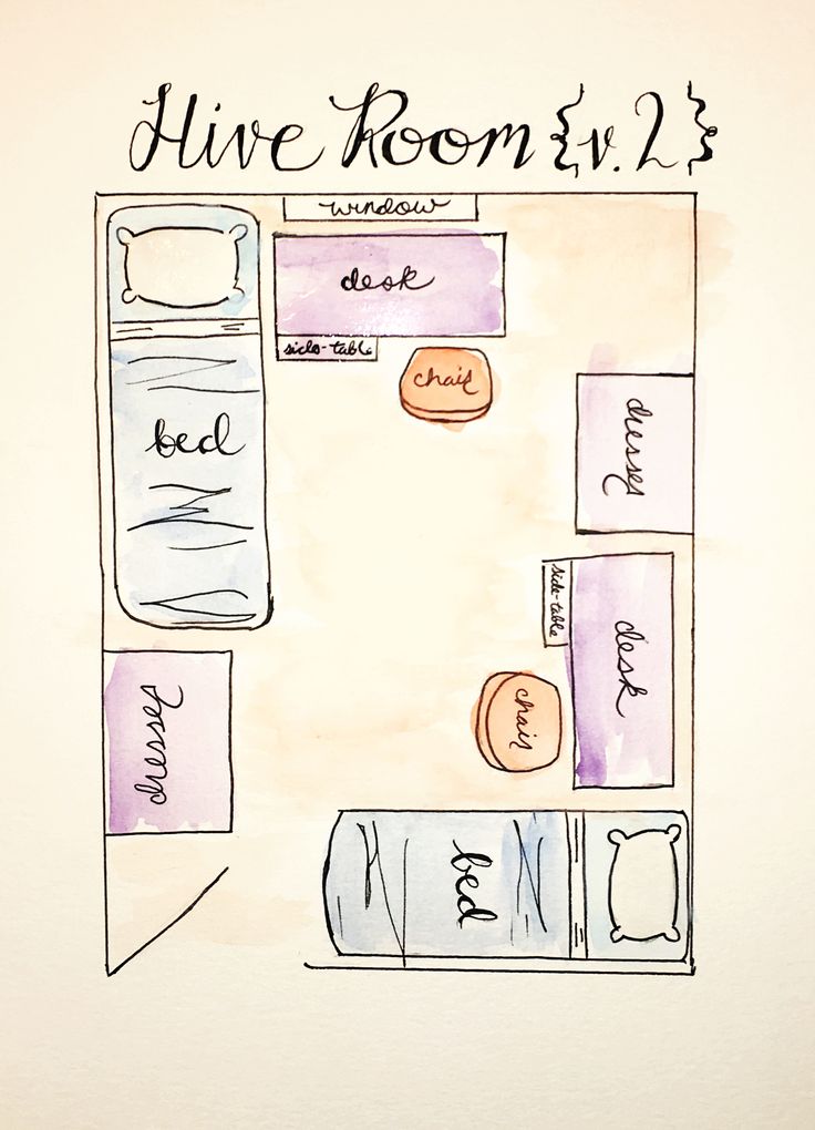 a drawing of a bathroom with the name hive room's written in cursive writing