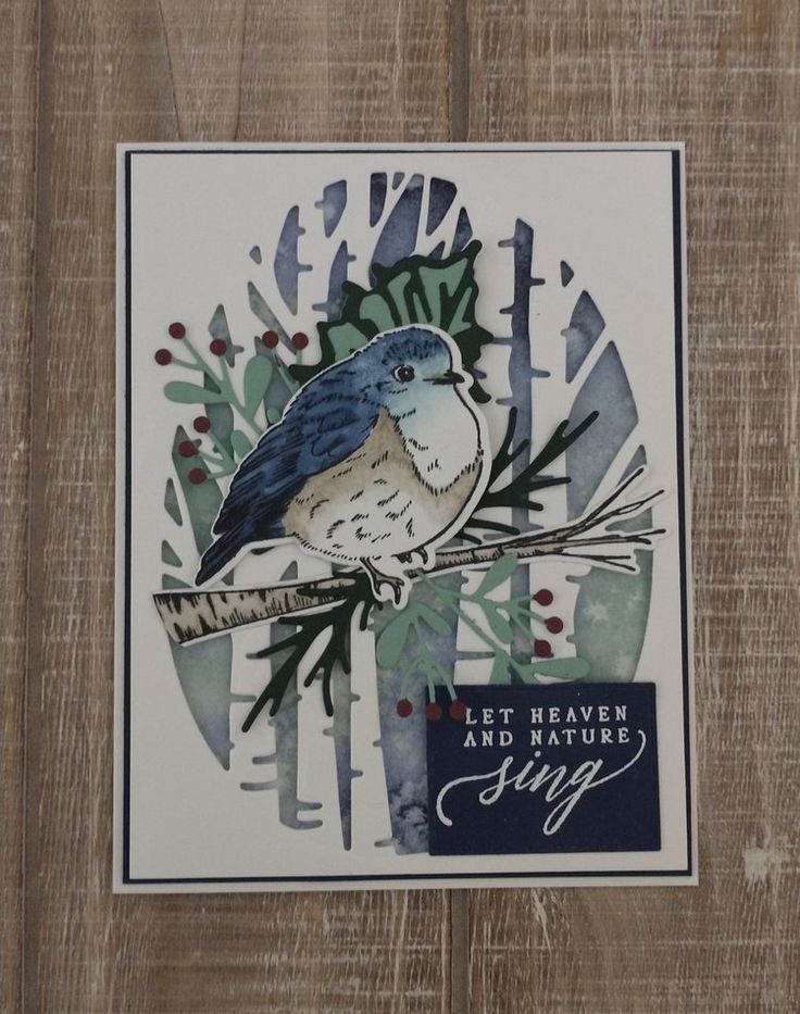 a card with a bird sitting on top of a tree branch and the words let heaven and nature sing