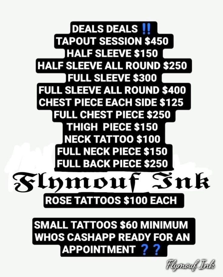 an advertisement for tattoo parlors with prices on the front and back side of it