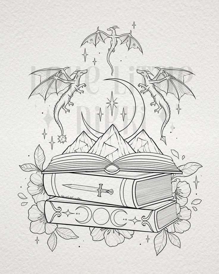 a drawing of an open book with two dragon wings flying over it and the moon in the background