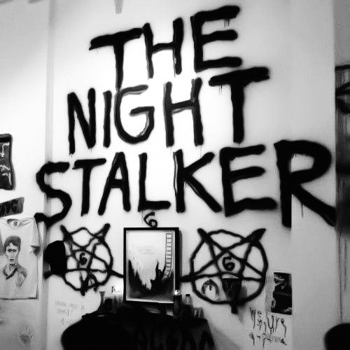 black and white photograph of graffiti on the wall with words that read, the night staker