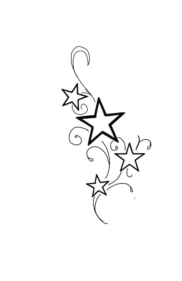 a black and white drawing of stars with swirls on the bottom, one star in the middle