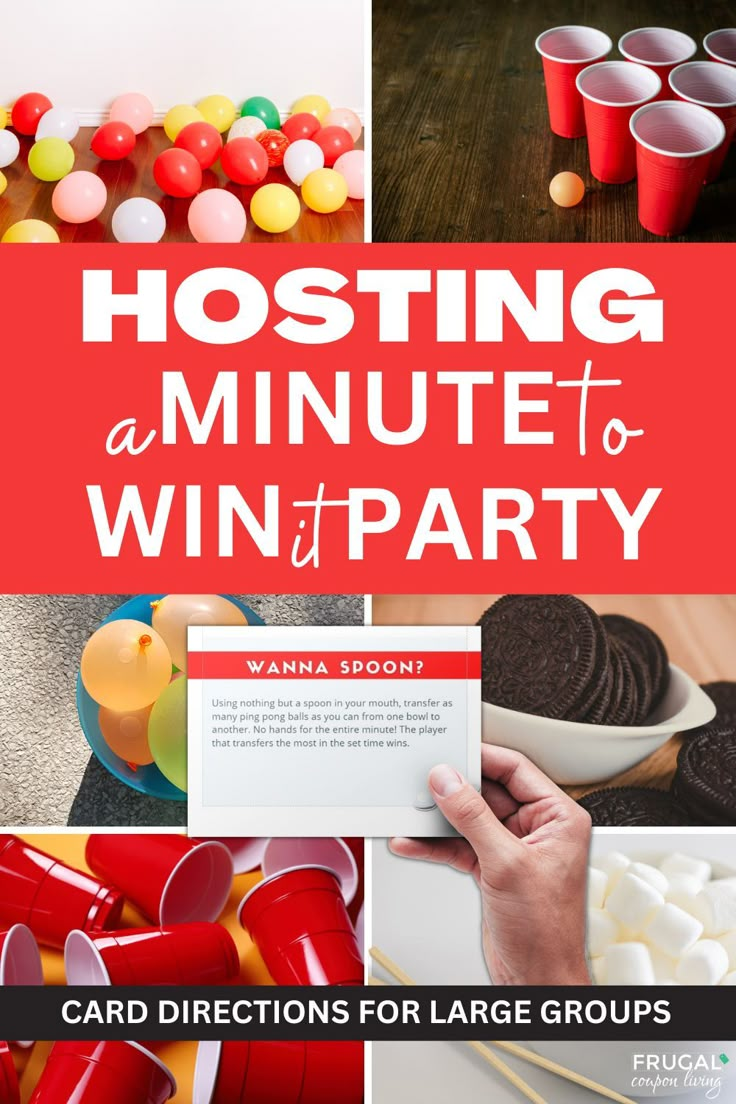 a bunch of different pictures with text that says hosting a minute to win it party