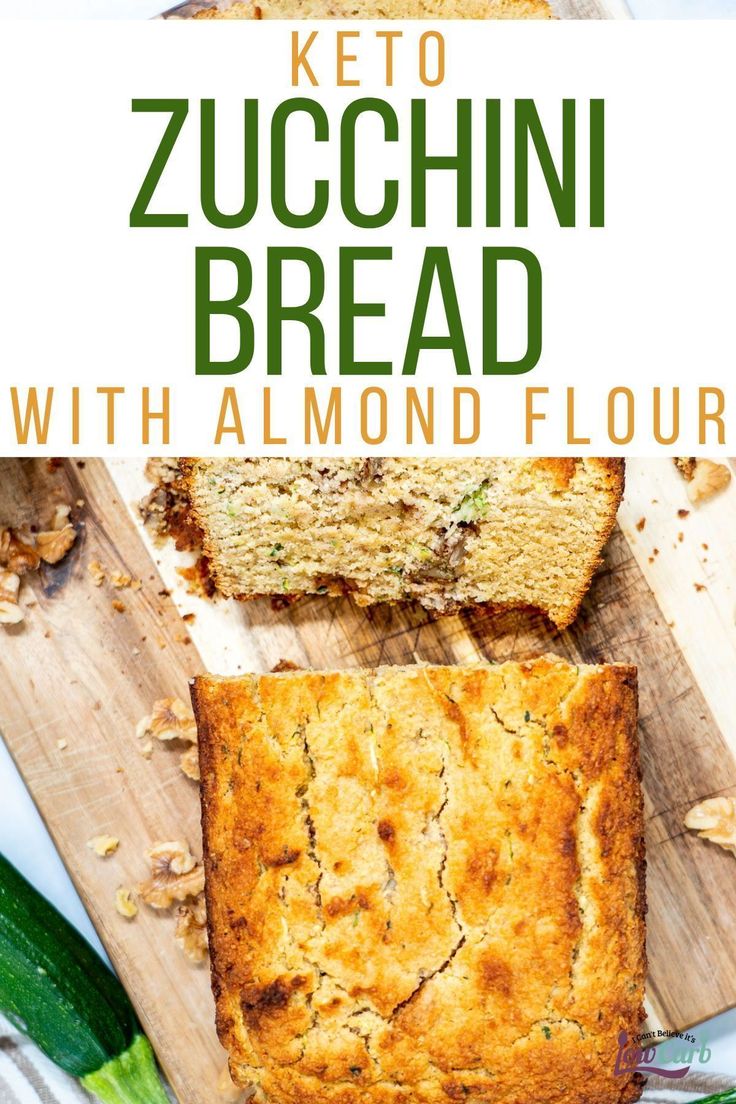 keto zucchini bread with almond flour on a cutting board next to sliced zucchini bread