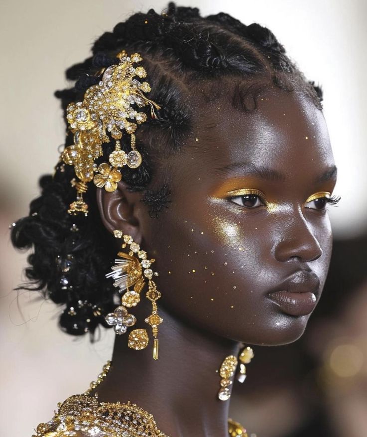 Gold Jewelry Dark Skin, Gold On Dark Skin, African Goddess Aesthetic, Celestial Hairstyles, Black Ethereal Aesthetic, Gold Makeup Looks Black Women, Ethereal Beauty Aesthetic, Ethereal Black Women, The Great Aesthetic