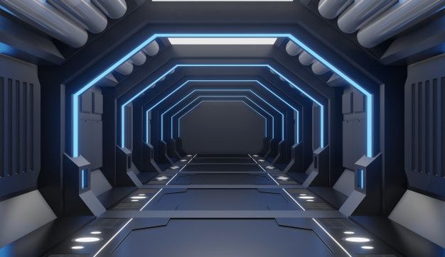 an empty sci - fi corridor with blue neon lights