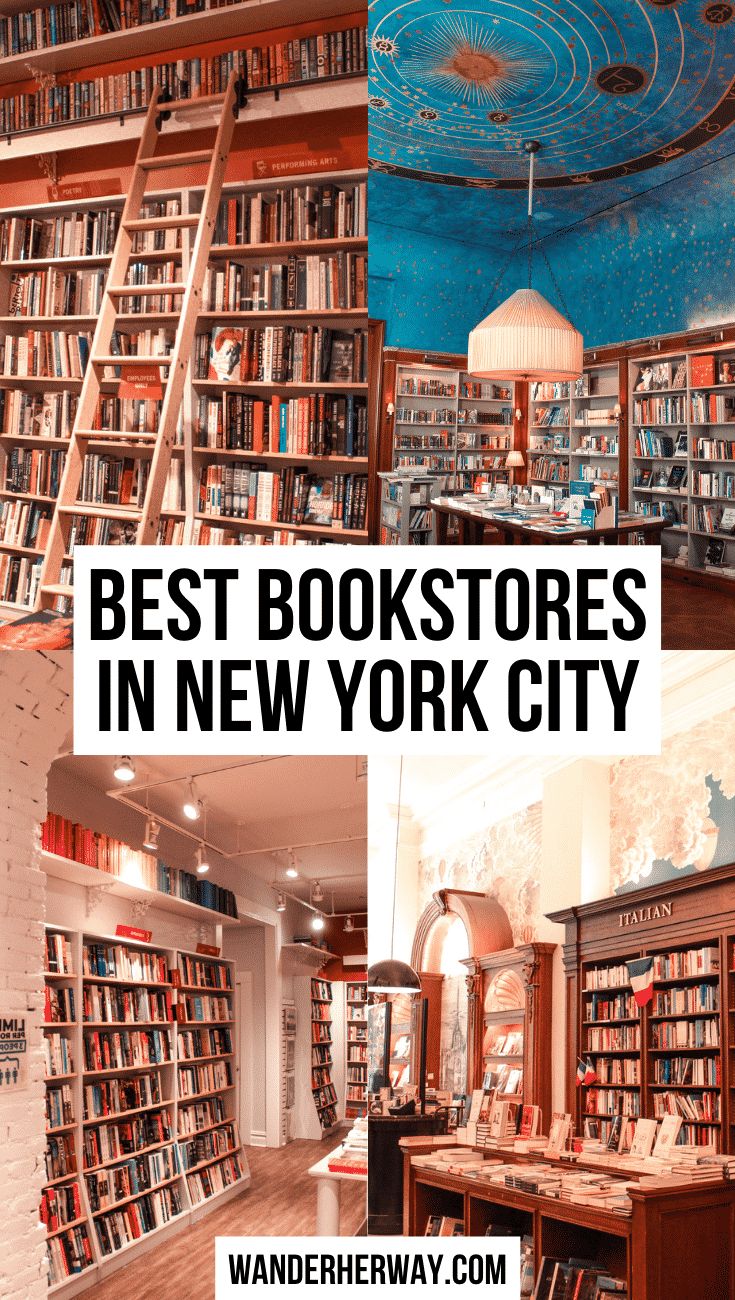 the best bookstores in new york city with pictures of bookshelves and tables