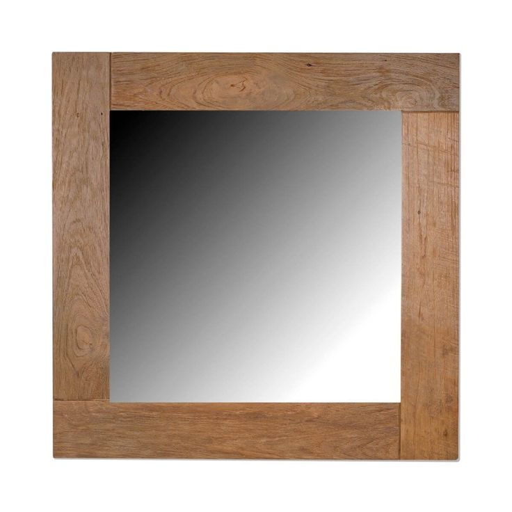 a mirror that is made out of wood and has a square frame on the front