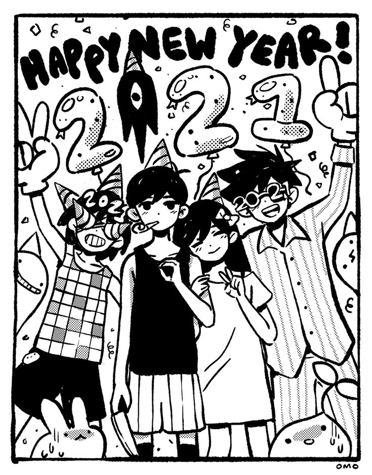 a black and white drawing of three children in front of a happy new year sign