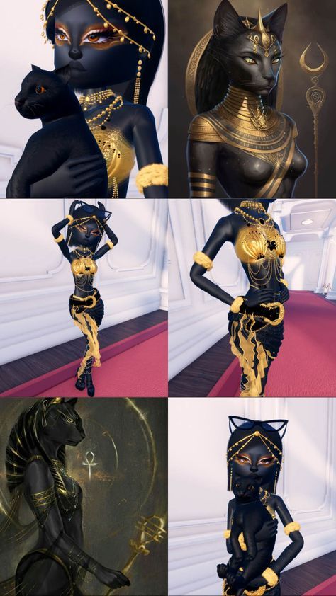 four different pictures of black cats in gold and black outfits with chains on their necks