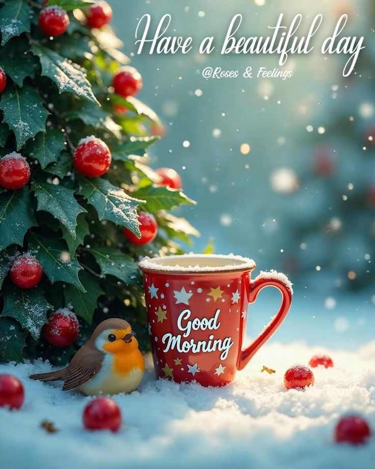 a red coffee cup sitting next to a christmas tree on top of snow covered ground