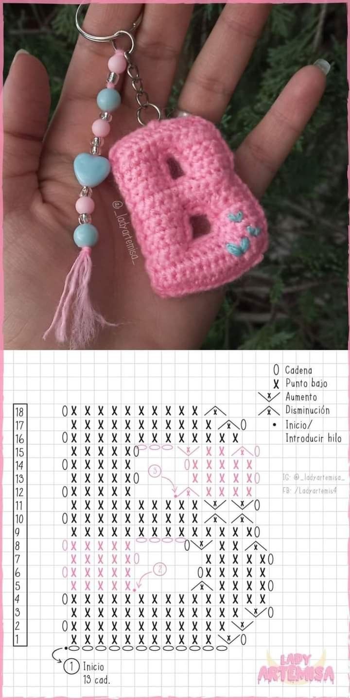 a hand holding a pink crocheted keychain with a letter b on it