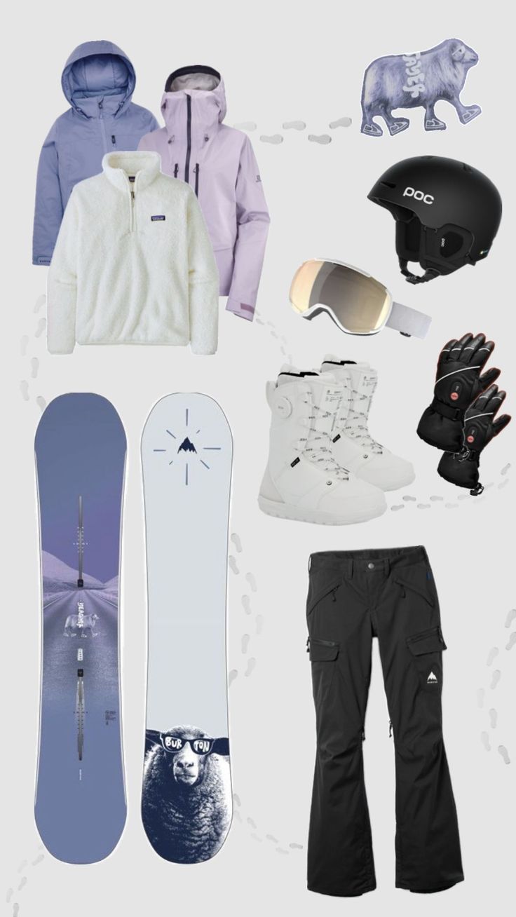 an assortment of ski gear including snowboard, helmet and gloves