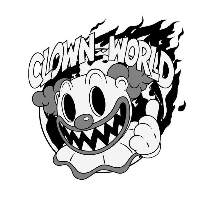 a cartoon character with the words clown world on it's chest and mouth open